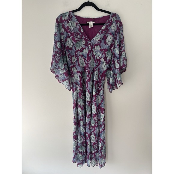 Lauren Simone Vintage Silk Floral Fairy Sleeve Whimsy Asymmetrical Dress Sz 10 - Picture 1 of 9